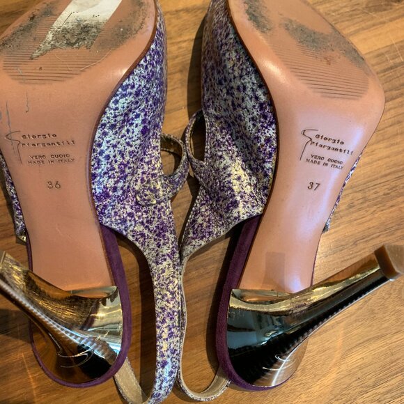 Giorgio Piergentili peep toe sling back heel, metallic gold, ivory, purple, s 6 - Picture 3 of 15